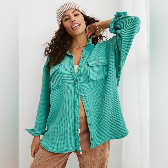 Aerie LumberJane Waffle Shirt Hot Pink Women’s Size Medium - Picture 5 of 7